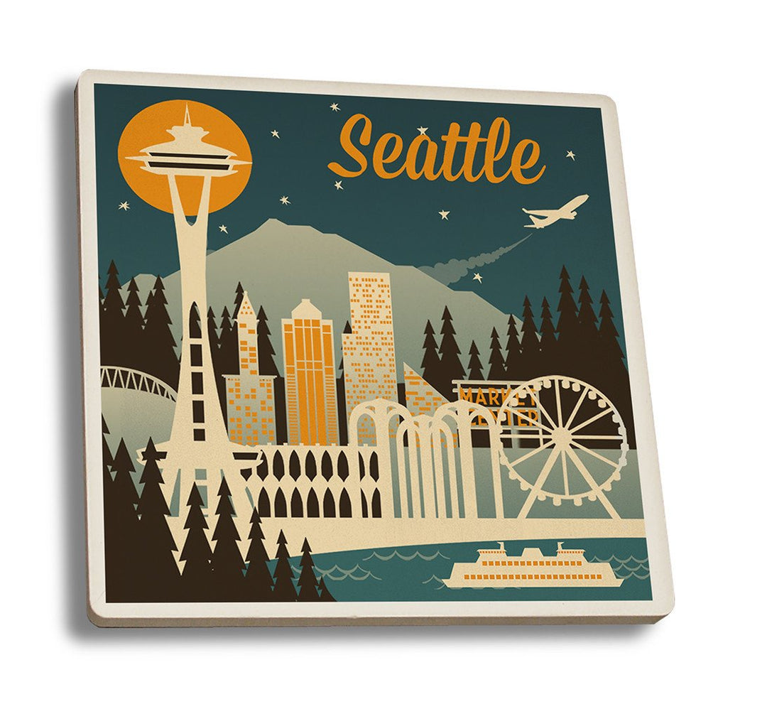 Coaster (Seattle, Washington - Retro Skyline - Lantern Press Artwork) Coaster Nightingale Boutique Coaster Set 