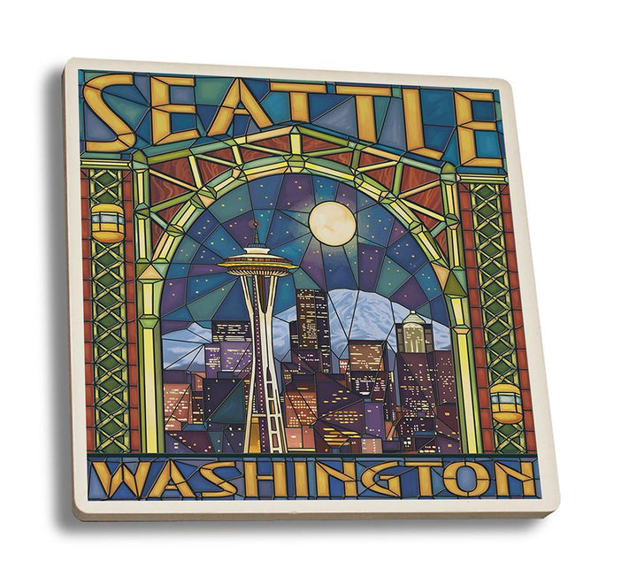 Coaster (Seattle, Washington - Stained Glass Window - Lantern Press Artwork) Coaster Nightingale Boutique Coaster Set 