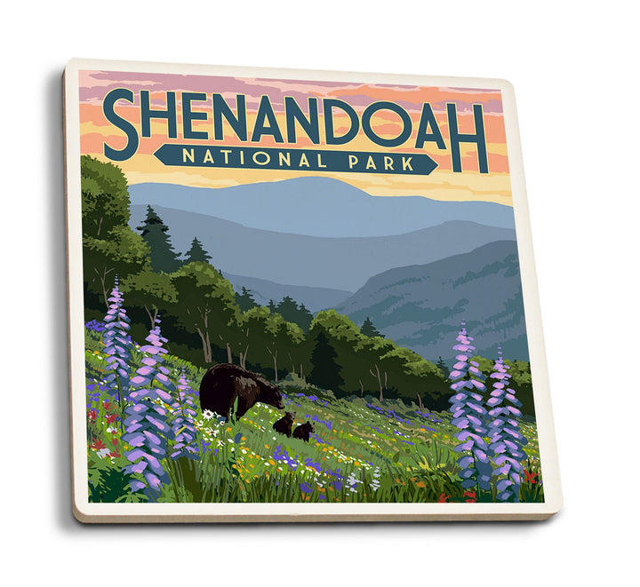 Coaster (Shenandoah National Park, Virginia - Black Bear and Cubs with Flowers - Lantern Press Artwork) Coaster Nightingale Boutique Coaster Pack 