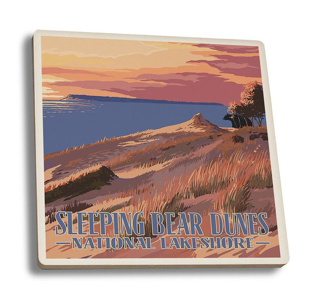 Coaster (Sleeping Bear Dunes, Michigan - Dunes Sunset and Bear - Lantern Press Artwork) Coaster Nightingale Boutique Coaster Set 