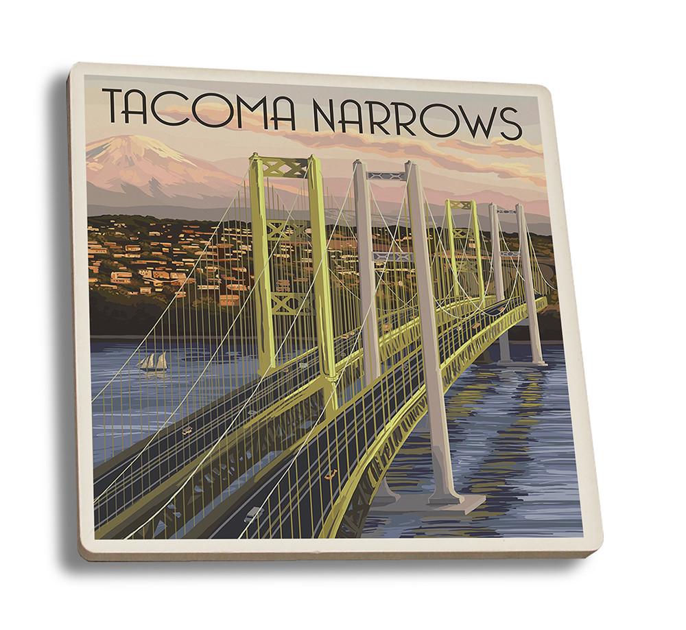 Coaster (Tacoma, Washington - Narrows Bridge and Rainier - Lantern Press Artwork) Coaster Nightingale Boutique Coaster Set 