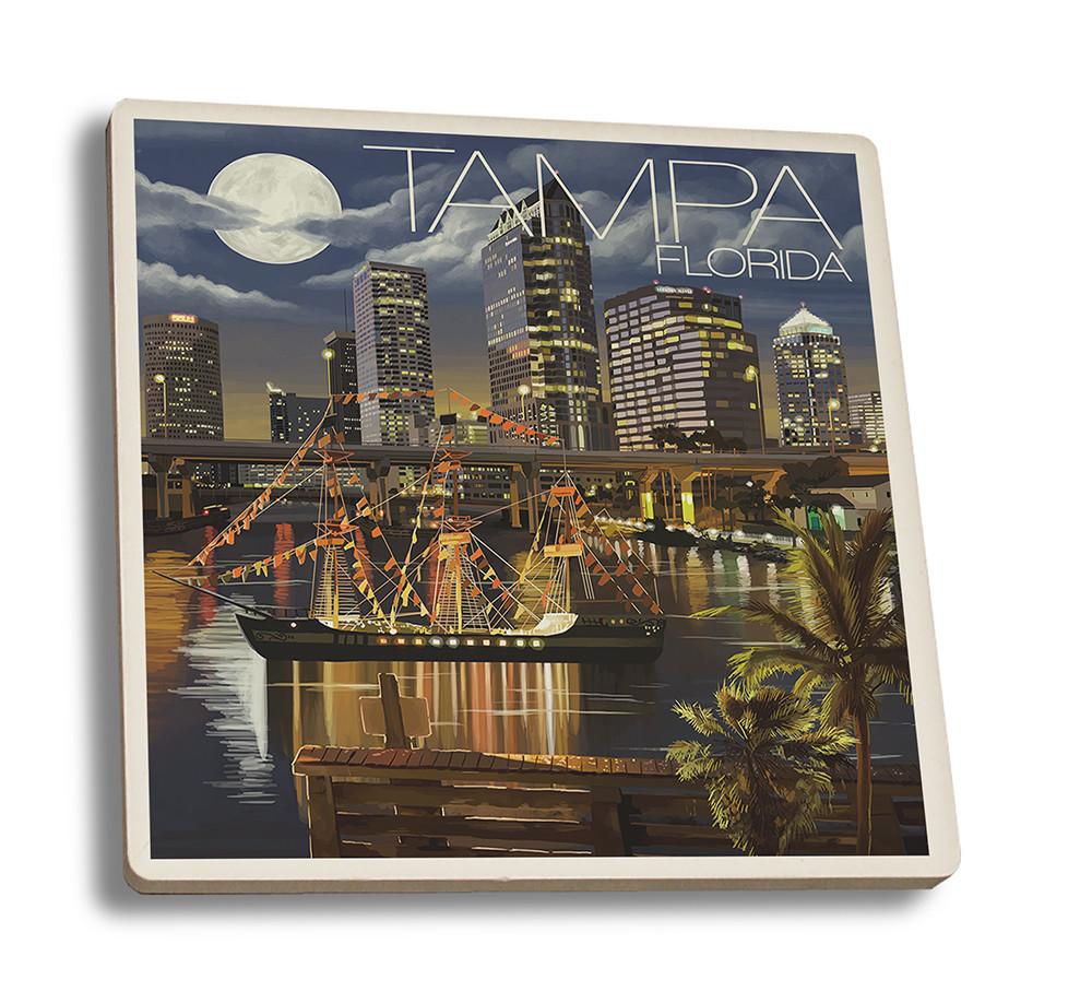 Coaster (Tampa, Florida - Skyline at Night - Lantern Press Artwork) Coaster Nightingale Boutique Coaster Set 