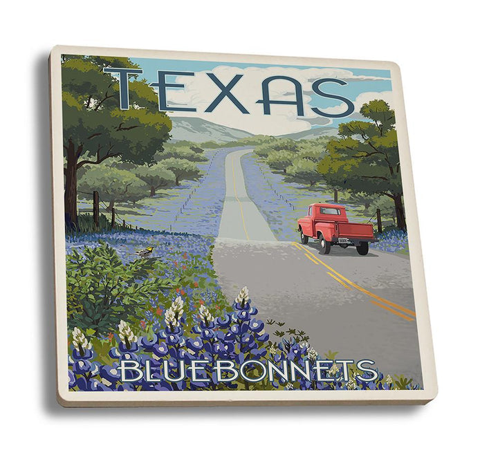 Coaster (Texas - Bluebonnets & Highway - Lantern Press Artwork) Coaster Nightingale Boutique Coaster Set 