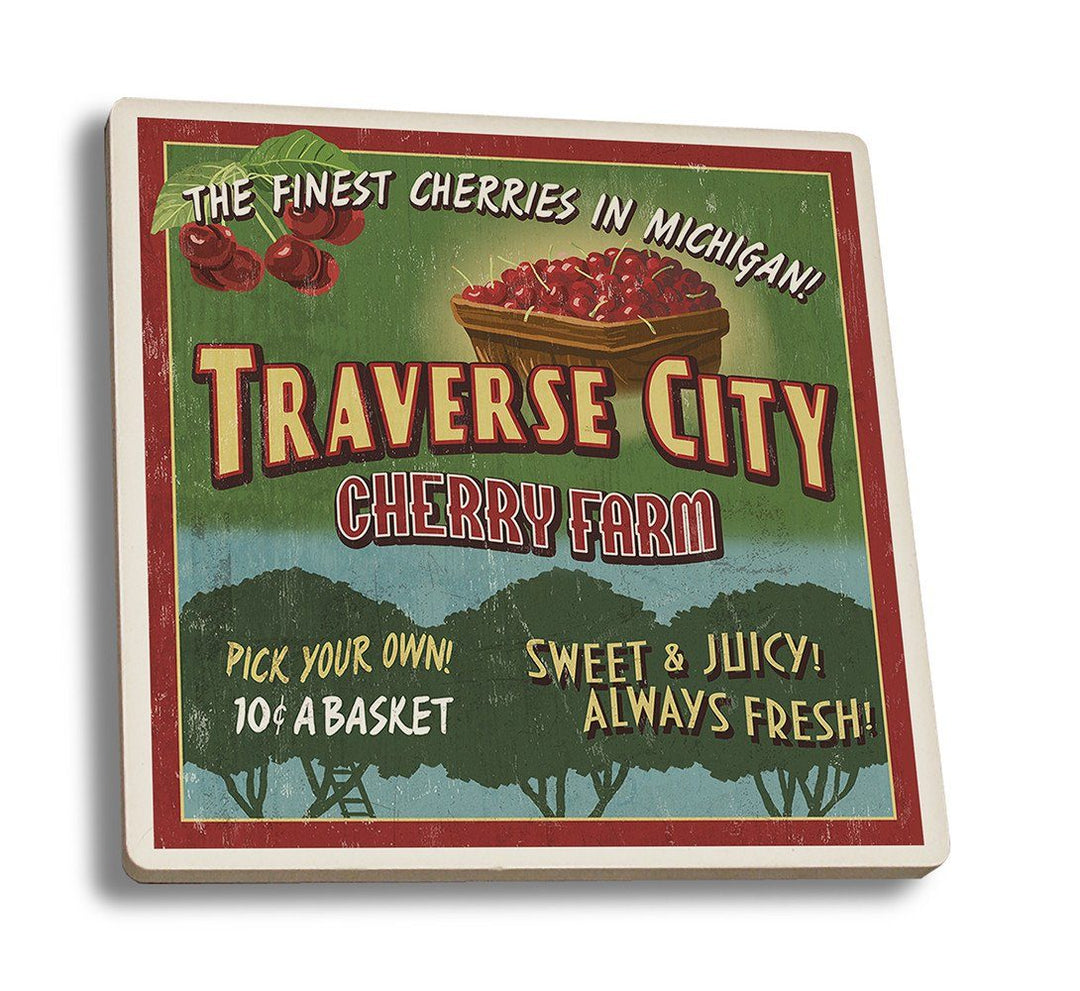 Coaster (Traverse City, Michigan - Cherry Farm Vintage Sign - Lantern Press Artwork) Coaster Nightingale Boutique Coaster Set 