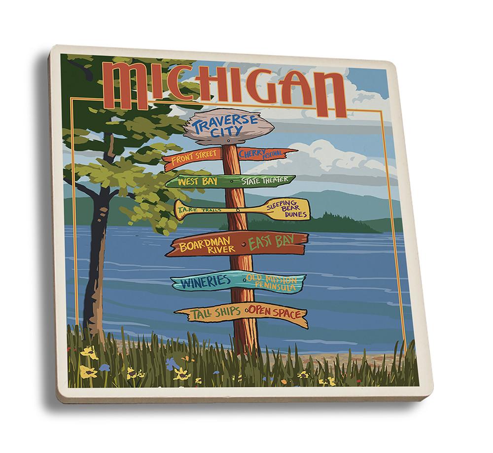 Coaster (Traverse City, Michigan - Destinations Sign - Lantern Press Artwork) Coaster Nightingale Boutique Coaster Set 