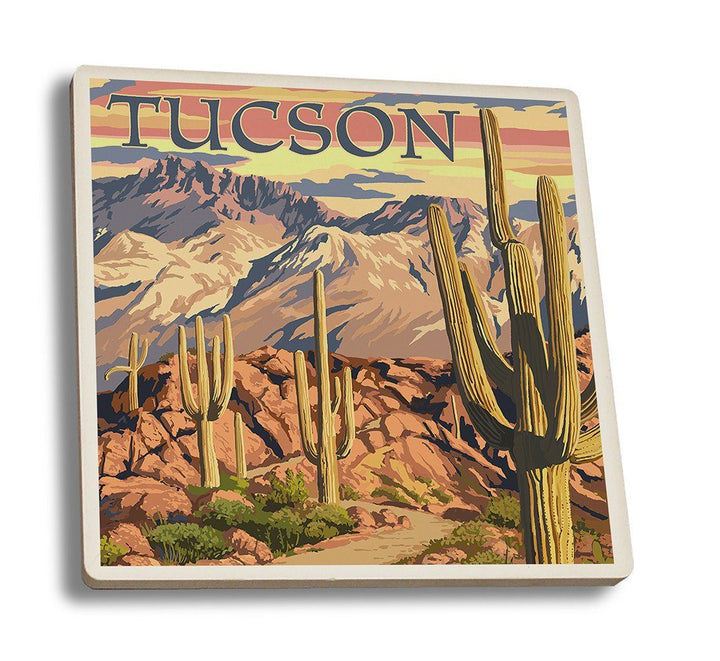 Coaster (Tucson, Arizona - Desert Cactus Trail Scene at Sunset - Lantern Press Artwork) Coaster Nightingale Boutique Coaster Set 