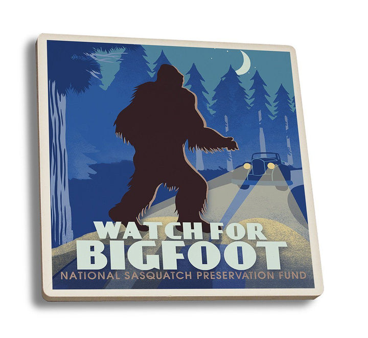 Coaster (Watch for Bigfoot - WPA Style - Lantern Press Artwork) Coaster Nightingale Boutique Coaster Set 