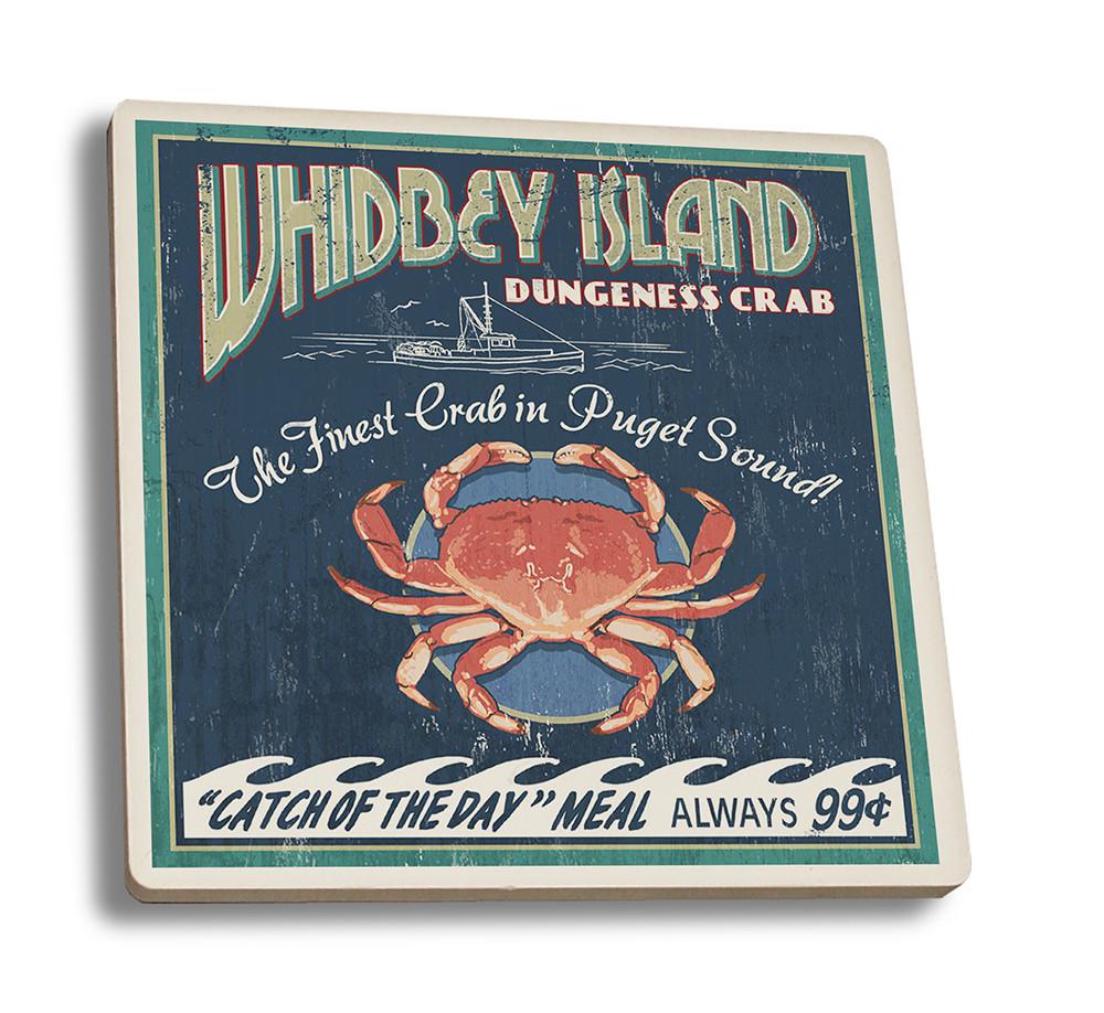 Coaster (Whidbey Island, Washington - Dungeness Crab Vintage Sign - Lantern Press Artwork) Coaster Nightingale Boutique Coaster Set 