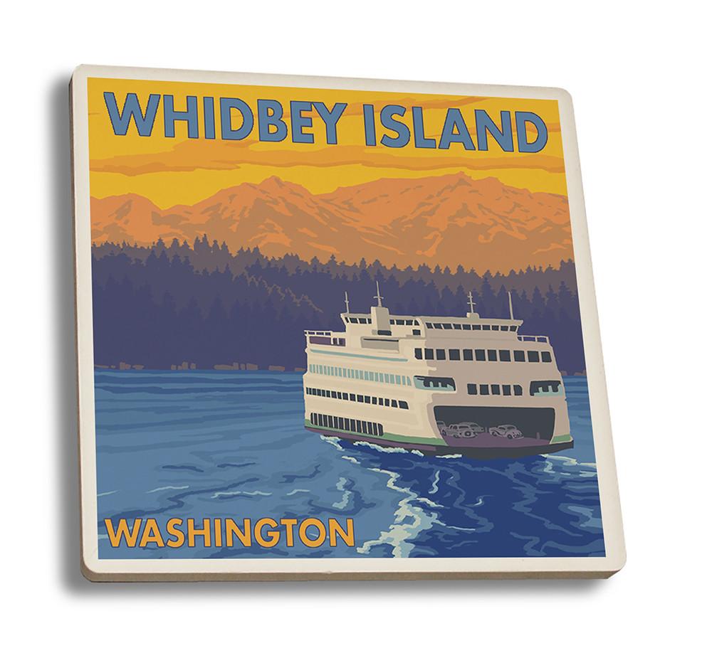 Coaster (Whidbey Island, Washington - Ferry and Mountains - Lantern Press Artwork) Coaster Nightingale Boutique Coaster Set 