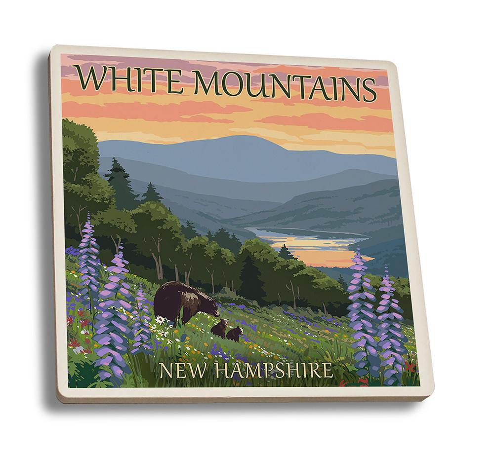 Coaster (White Mountains, New Hampshire - Bear and Cubs with Flowers - Lantern Press Artwork) Coaster Nightingale Boutique Coaster Set 