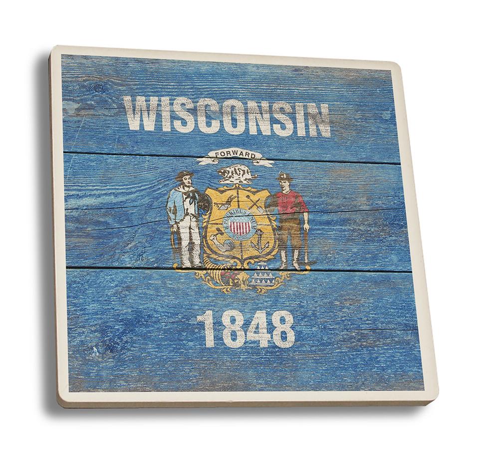 Coaster (Wisconsin Flag - Barnwood Painting - Lantern Press Artwork) Coaster Nightingale Boutique Coaster Set 