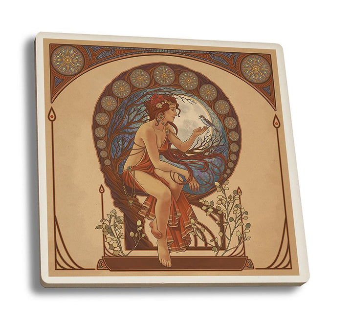 Coaster (Woman and Bird - Art Nouveau - Lantern Press Artwork) Coaster Nightingale Boutique Coaster Set 