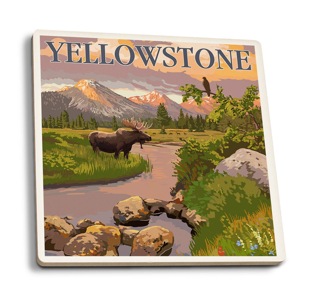 Coaster (Yellowstone National Park - Moose & Mountain Stream at Sunset - Lantern Press Artwork) Coaster Nightingale Boutique Coaster Pack 