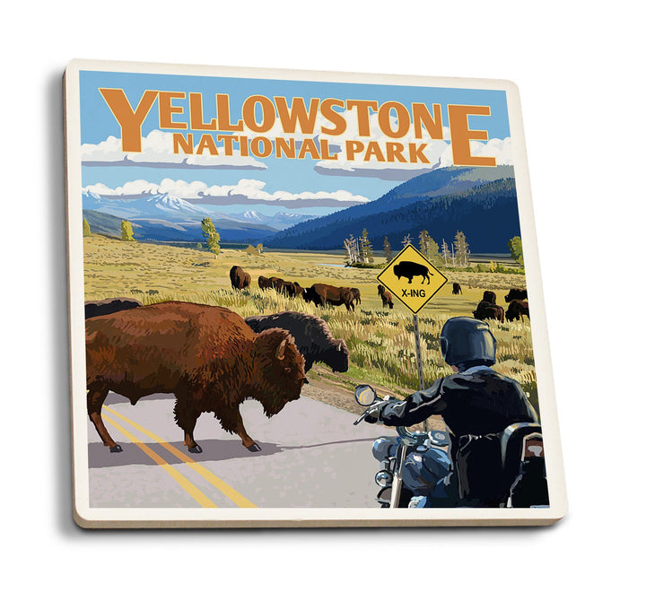 Coaster (Yellowstone National Park, Wyoming - Motorcycle & Bison - Lantern Press Artwork) Coaster Nightingale Boutique Coaster Pack 