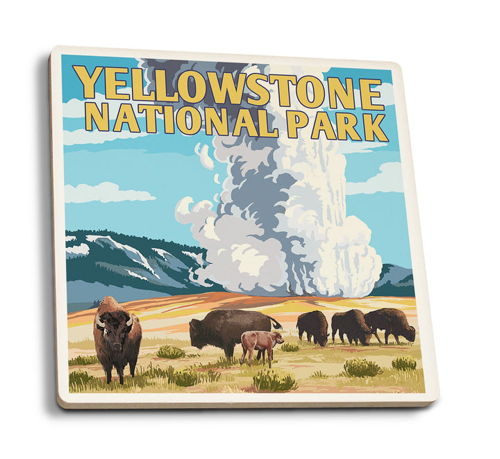 Coaster (Yellowstone National Park, Wyoming - Old Faithful Geyser & Bison Herd - Lantern Press Artwork) Coaster Nightingale Boutique Coaster Pack 