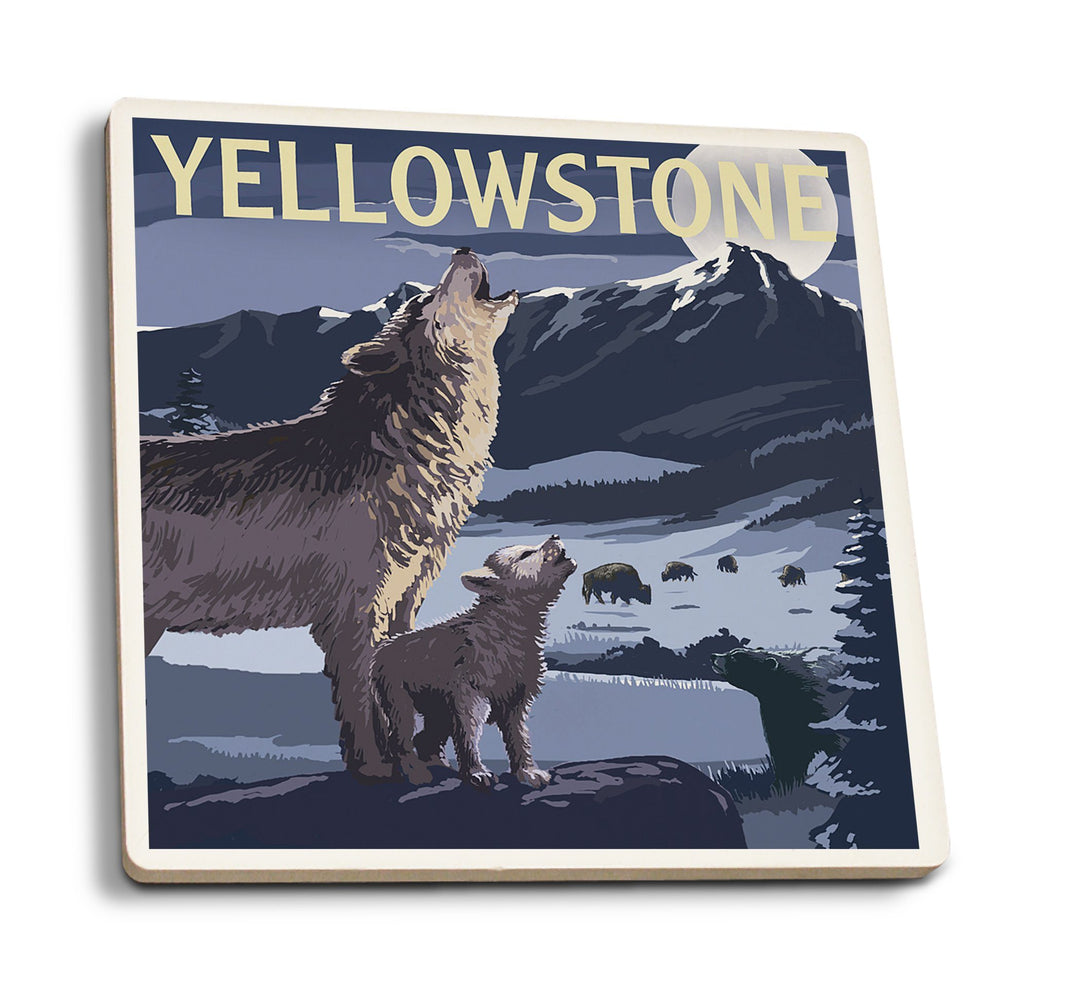 Coaster (Yellowstone National Park, Wyoming - Wolves & Full Moon - Lantern Press Artwork) Coaster Nightingale Boutique Coaster Pack 