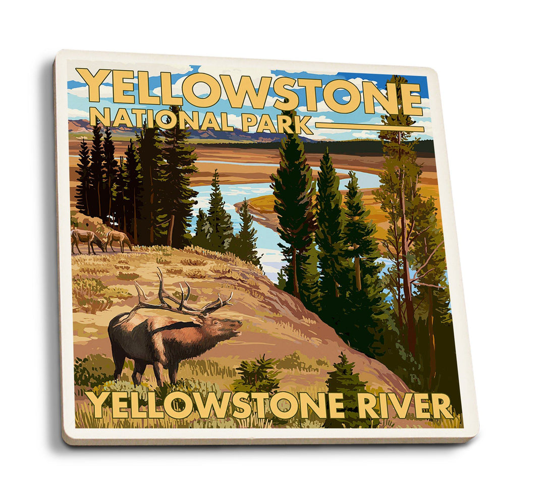 Coaster (Yellowstone National Park, Wyoming - Yellowstone River & Elk - Lantern Press Artwork) Coaster Nightingale Boutique Coaster Pack 