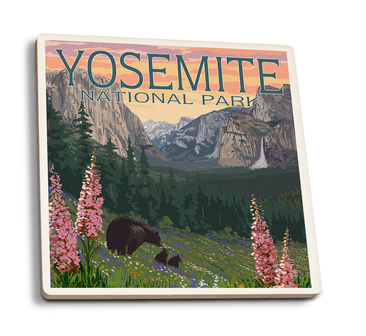 Coaster (Yosemite National Park, California - Bear and Cubs with Flowers - Lantern Press Artwork) Coaster Nightingale Boutique Coaster Pack 