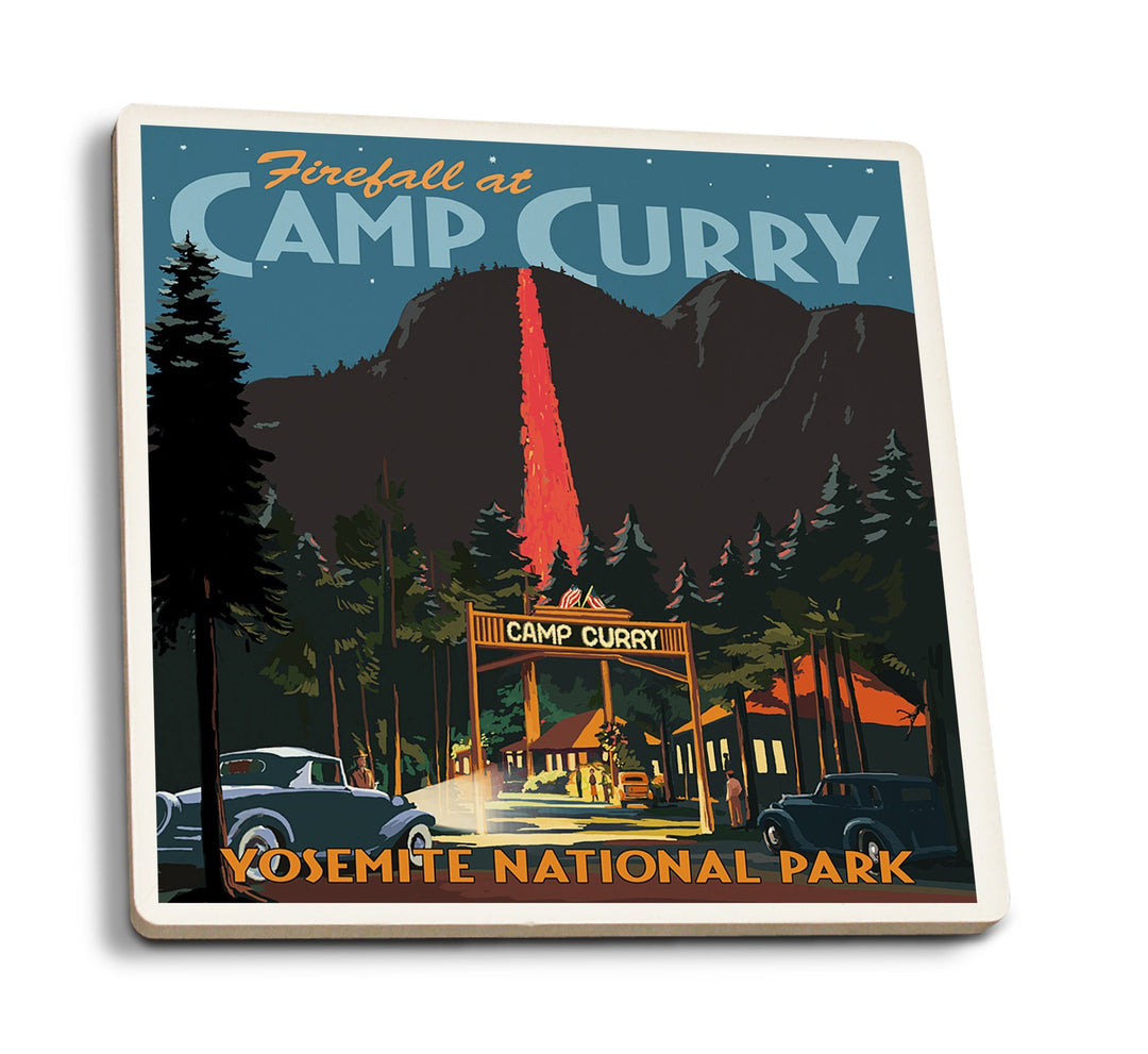Coaster (Yosemite National Park, California - Firefall and Camp Curry - Lantern Press Artwork) Coaster Nightingale Boutique Coaster Pack 