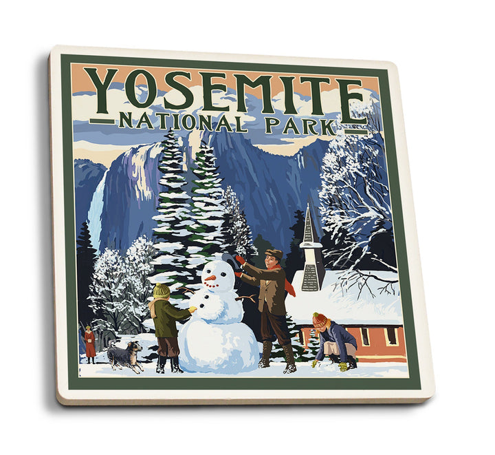 Coaster (Yosemite National Park, California - Yosemite Chapel and Snowman - Lantern Press Artwork) Coaster Nightingale Boutique Coaster Pack 