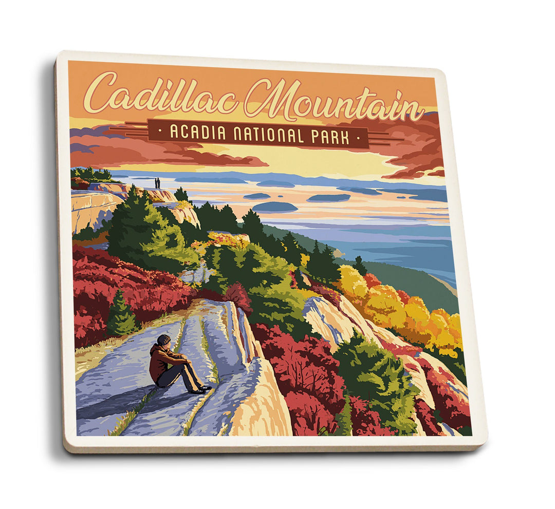 Coasters (Acadia National Park, Maine, Cadillac Mountain Illustration, Lantern Press Artwork) Lifestyle-Coaster Lantern Press 