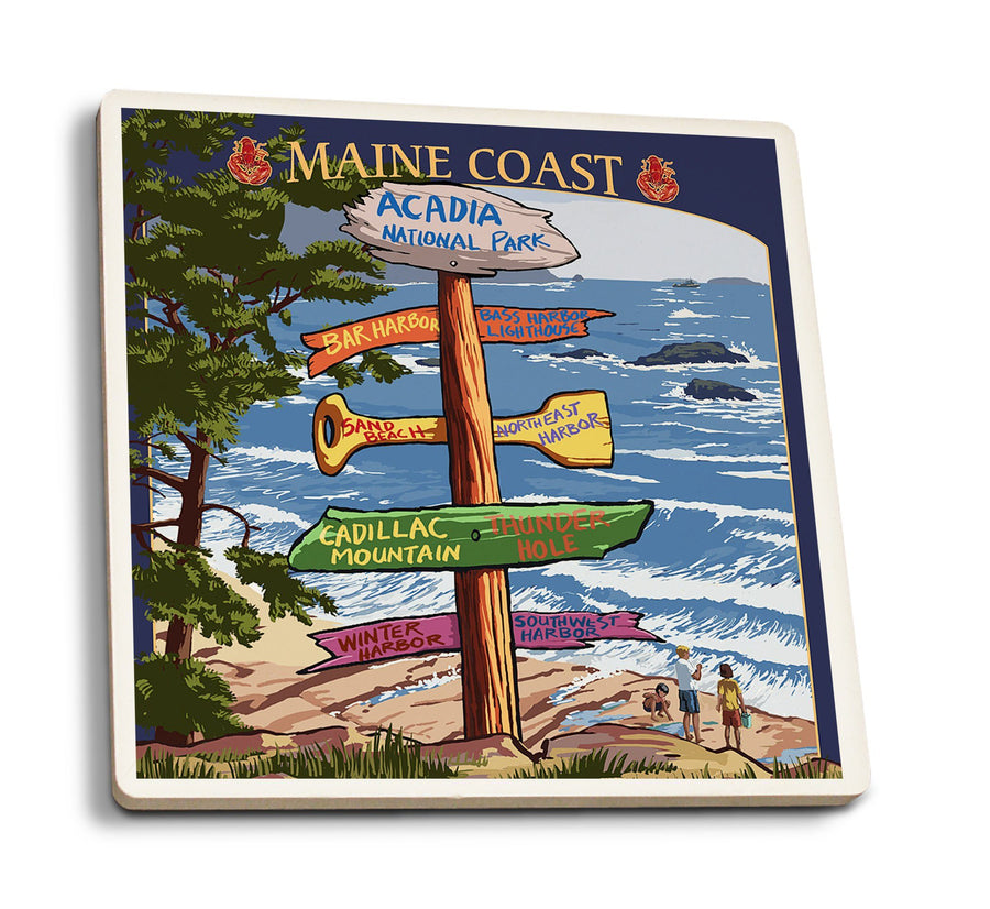 Coasters (Acadia National Park, Maine, Destinations Sign, Lantern Press Artwork) Lifestyle-Coaster Lantern Press 