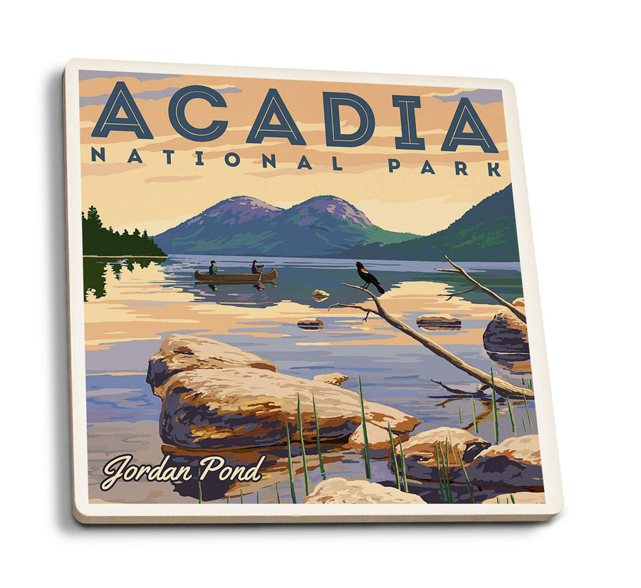 Coasters (Acadia National Park, Maine, Jordan Pond Illustration, Lantern Press Artwork) Lifestyle-Coaster Lantern Press 