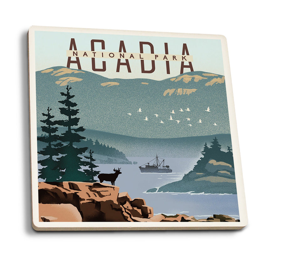 Coasters (Acadia National Park, Maine, Lithograph, Lantern Press Artwork) Lifestyle-Coaster Lantern Press 