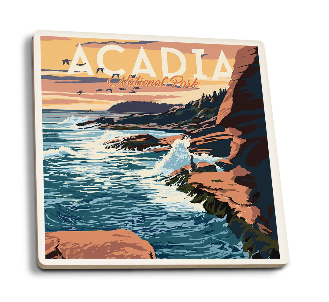 Coasters (Acadia National Park, Maine, Mount Desert Island Illustration, Lantern Press Artwork) Lifestyle-Coaster Lantern Press 
