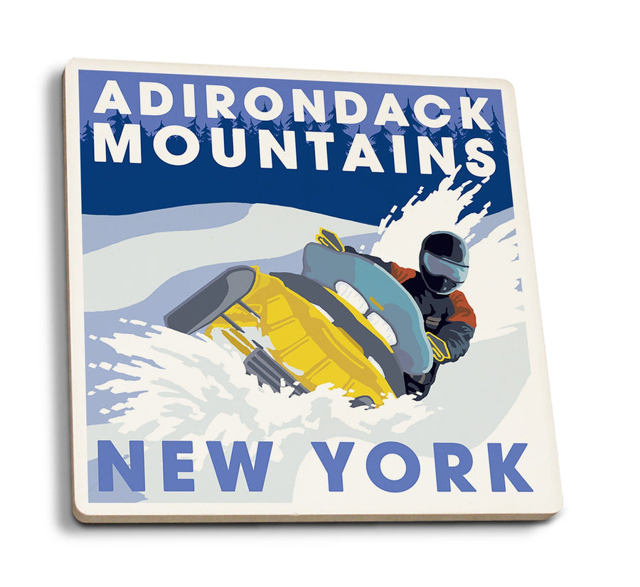 Coasters (Adirondack Mountains, New York, Snowmobile Scene, Lantern Press Poster) Lifestyle-Coaster Lantern Press 