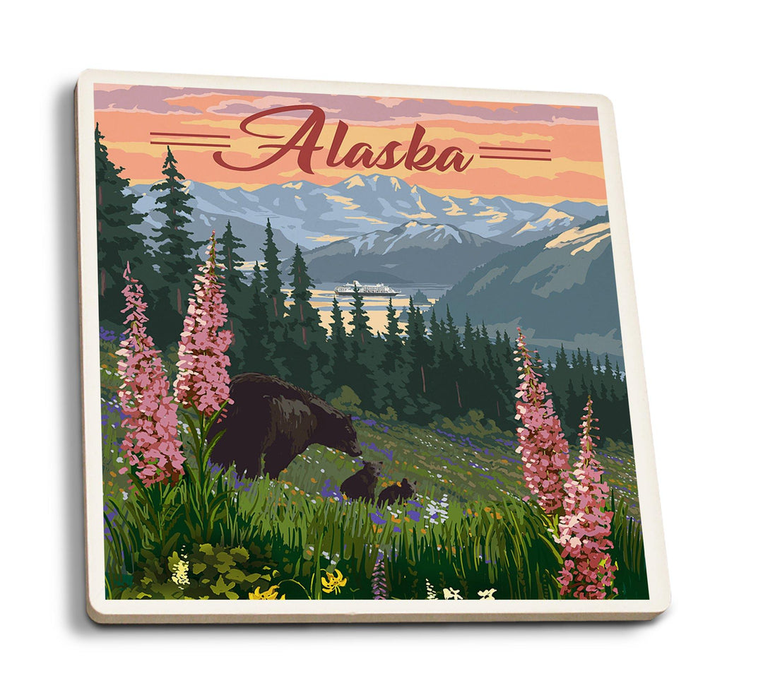 Coasters (Alaska, Bear & Spring Flowers, Cruise Ship, Lantern Press Artwork) Lifestyle-Coaster Lantern Press 