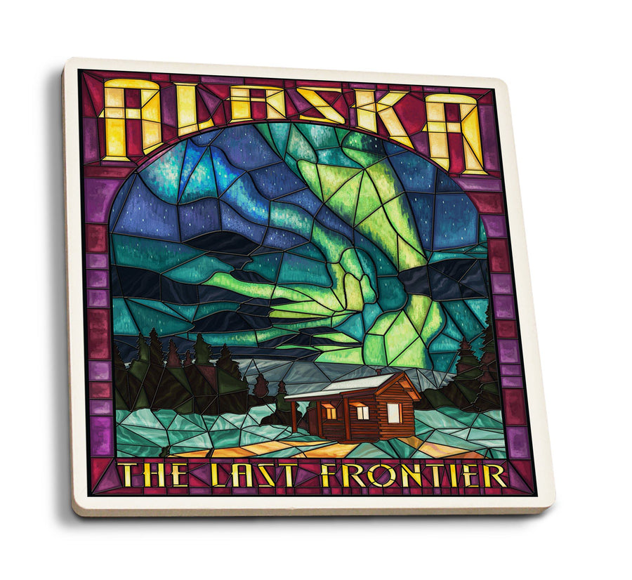 Coasters (Alaska, Cabin & Northern Lights Stained Glass, Lantern Press Artwork) Lifestyle-Coaster Lantern Press 