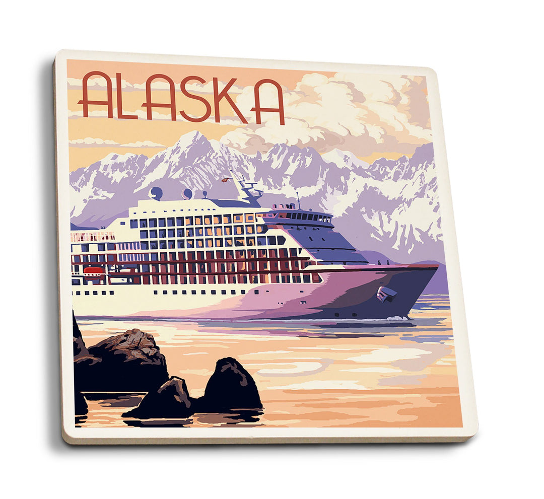 Coasters (Alaska, Cruise Ship & Sunset, Lantern Press Artwork) Lifestyle-Coaster Lantern Press 