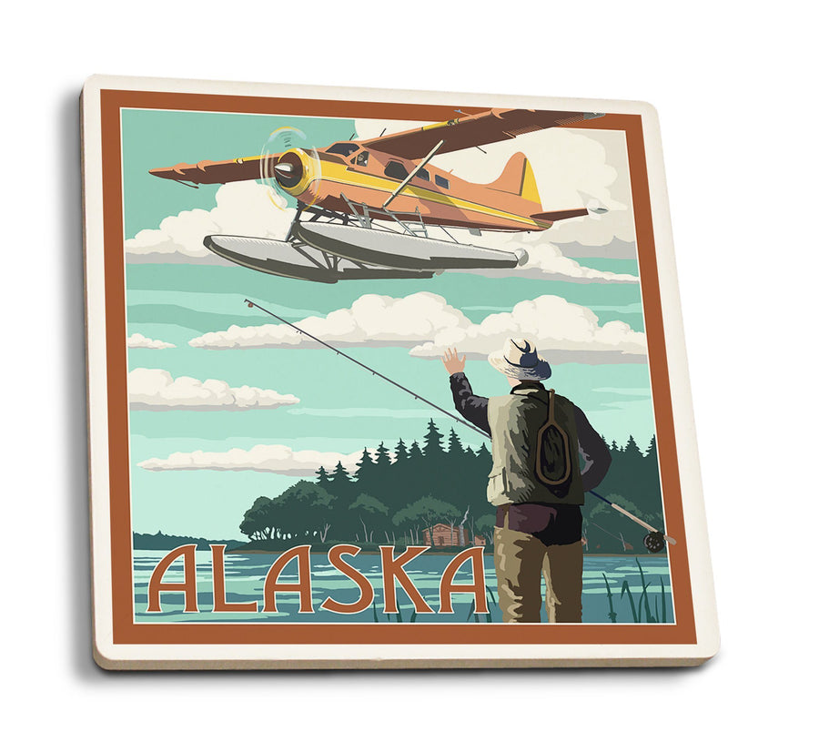 Coasters (Alaska, Float Plane & Fisherman, Lantern Press Artwork) Lifestyle-Coaster Lantern Press 