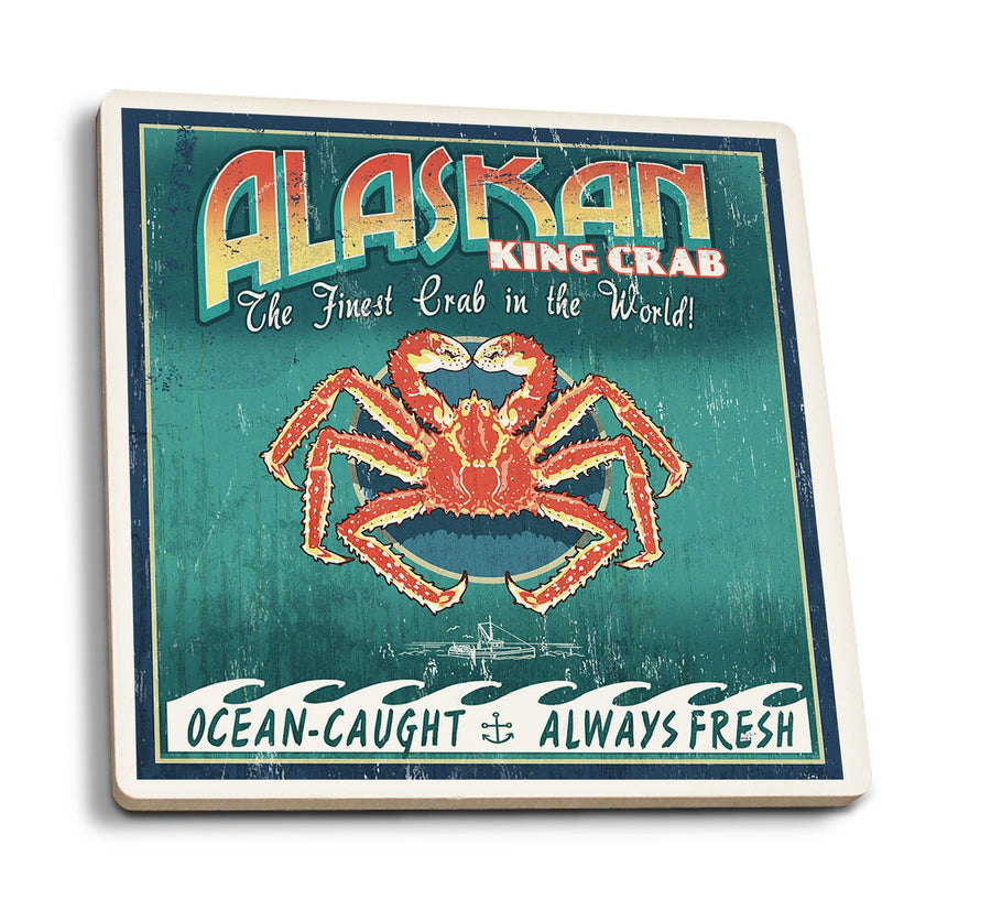 Coasters (Alaska King Crab Vintage Sign, Lantern Press Artwork) Lifestyle-Coaster Lantern Press 