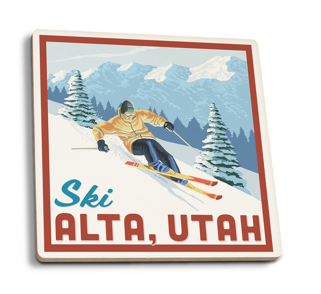 Coasters (Alta, Utah, Ski Alta, Downhill Skier, Lantern Press Artwork) Lifestyle-Coaster Lantern Press 