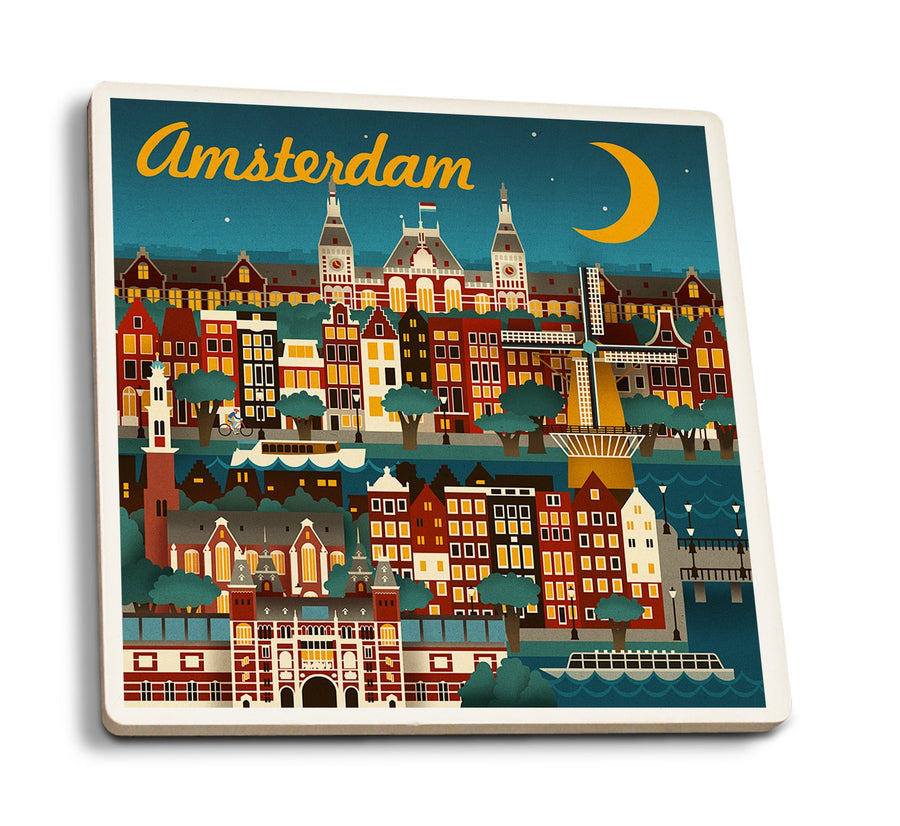Coasters (Amsterdam, Retro Skyline, Lantern Press Artwork) Lifestyle-Coaster Lantern Press 