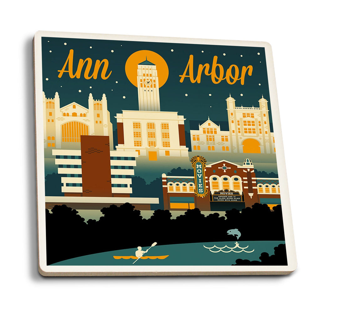Coasters (Ann Arbor, Michigan, Retro Skyline, Lantern Press Artwork) Lifestyle-Coaster Lantern Press 