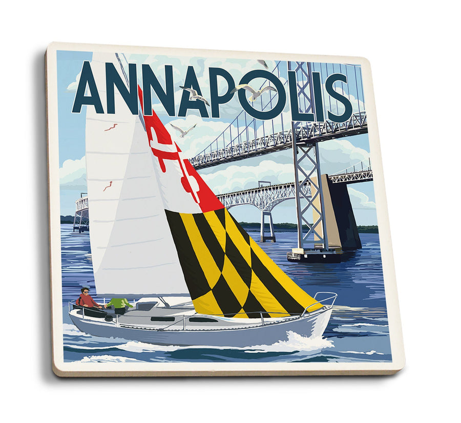Coasters (Annapolis, Maryland, Sloop Sailboat & Chesapeake Bay Bridge, Lantern Press Artwork) Lifestyle-Coaster Lantern Press 