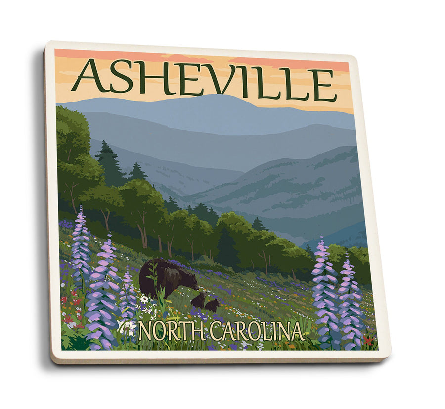 Coasters (Asheville, North Carolina, Bear and Cubs with Flowers, Lantern Press Artwork) Lifestyle-Coaster Lantern Press 