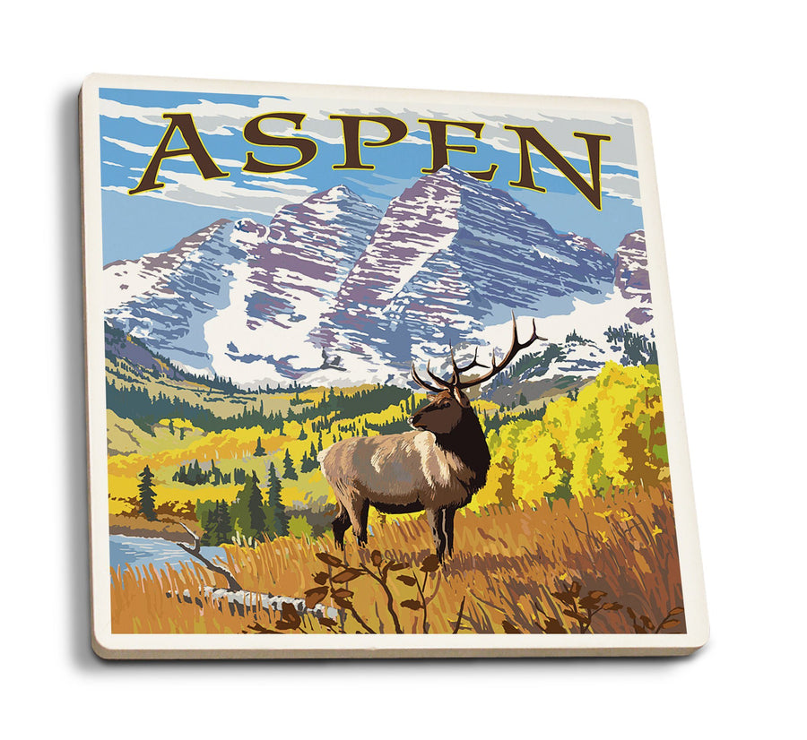Coasters (Aspen, Colorado, Mountains & Elk, Lantern Press Artwork) Lifestyle-Coaster Lantern Press 