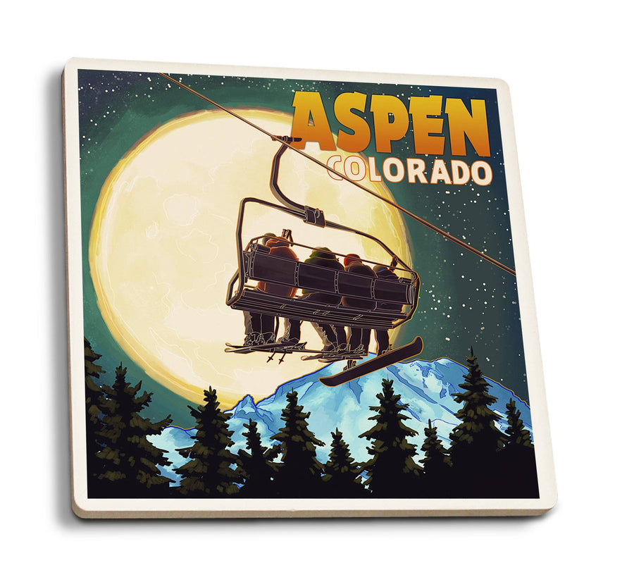 Coasters (Aspen, Colorado, Ski Lift and Full Moon, Lantern Press Artwork) Lifestyle-Coaster Lantern Press 