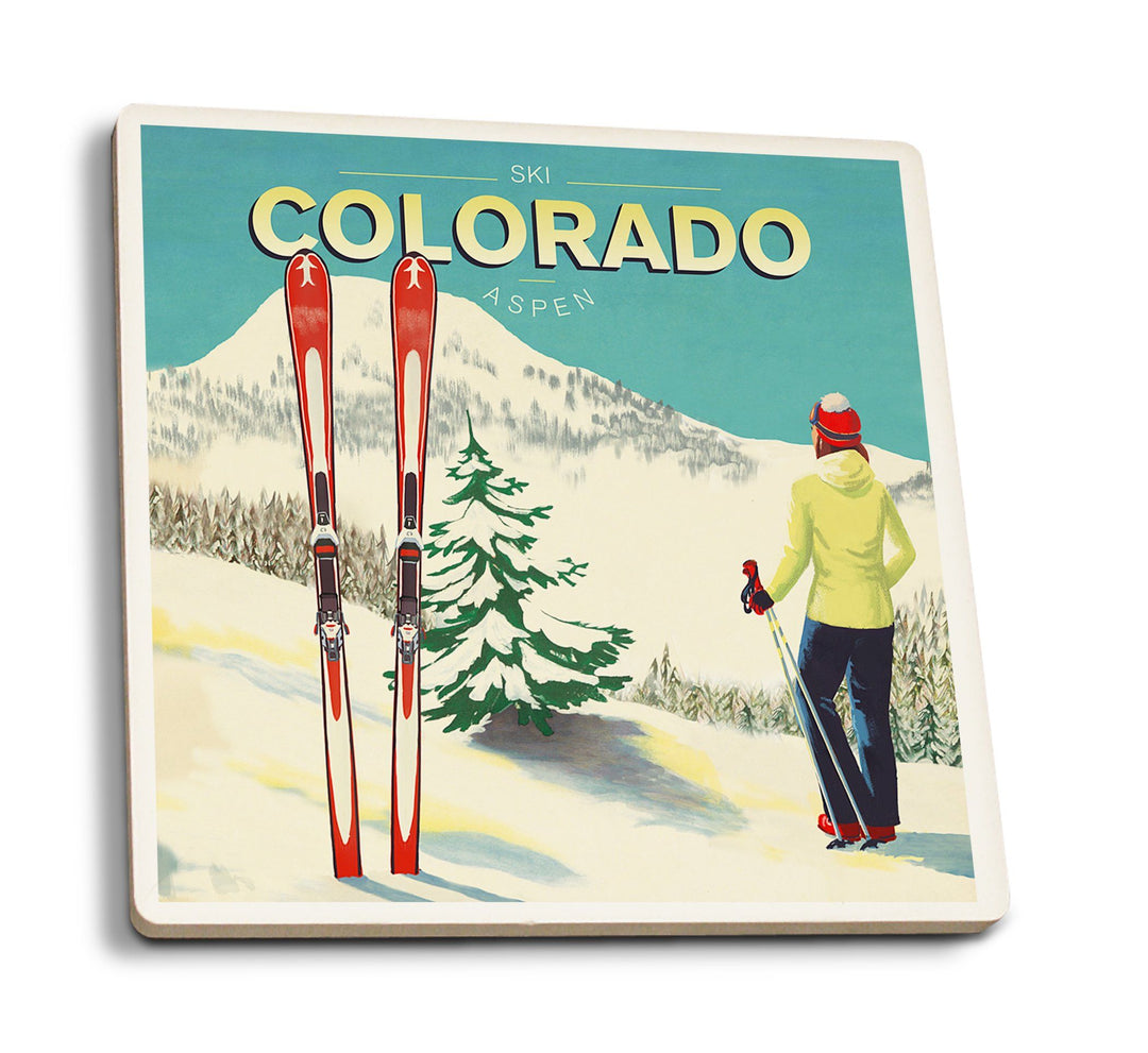 Coasters (Aspen, Colorado, Woman Skier Mountain View, Ski Aspen, Lantern Press Artwork) Lifestyle-Coaster Lantern Press 
