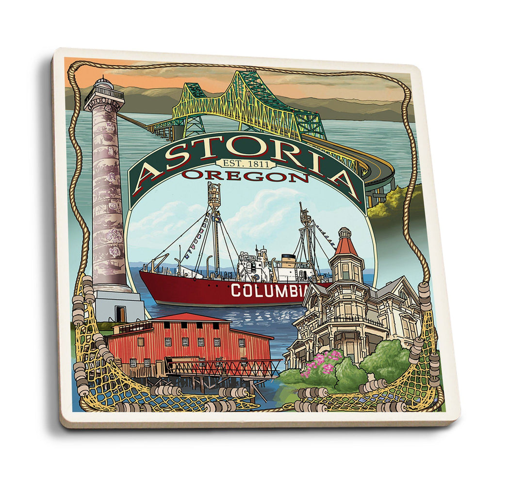 Coasters (Astoria, Oregon, Montage, Lantern Press Artwork) Lifestyle-Coaster Lantern Press 