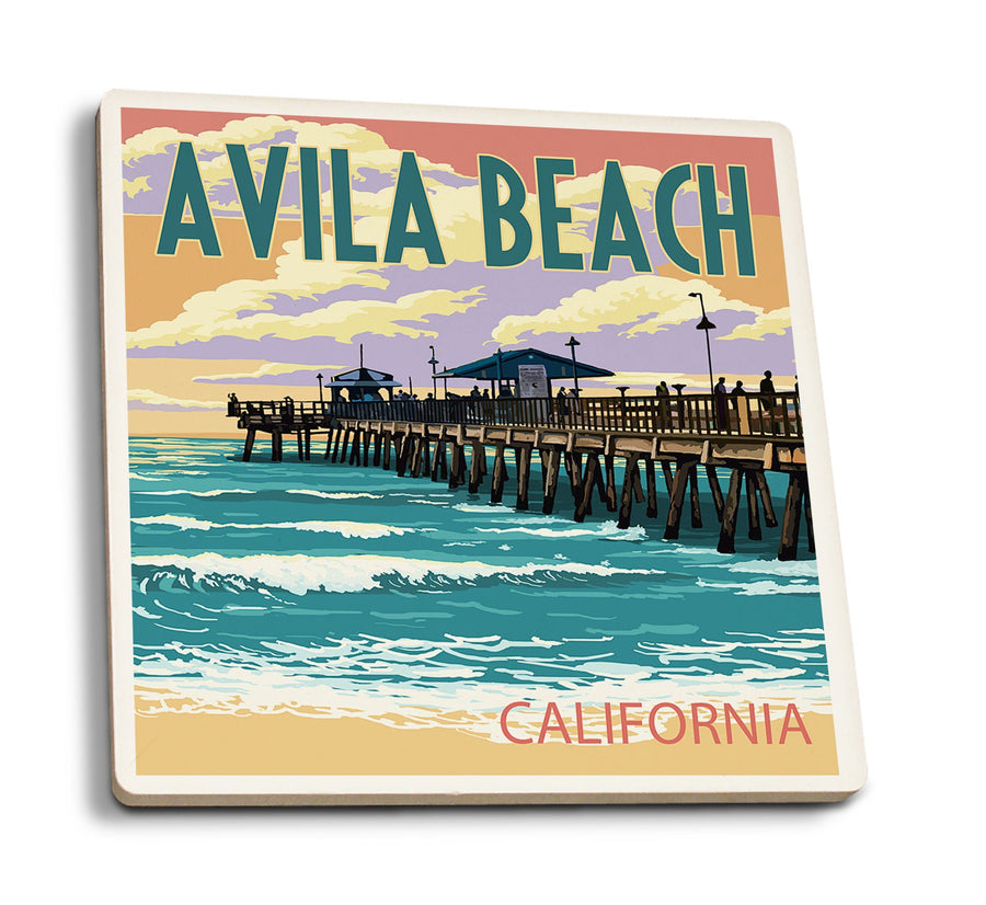 Coasters (Avila Beach, California, Pier Sunset, Lantern Press Artwork) Lifestyle-Coaster Lantern Press 