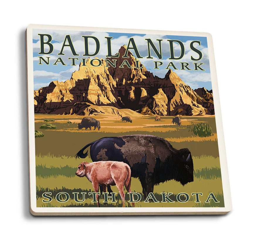 Coasters (Badlands National Park, South Dakota, Bison Scene, Painterly Series, Lantern Press Artwork) Lifestyle-Coaster Lantern Press 
