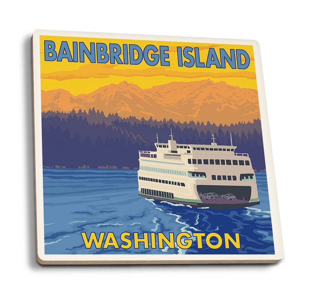 Coasters (Bainbridge Island, Washington, Ferry and Mountains, Lantern Press Artwork) Lifestyle-Coaster Lantern Press 