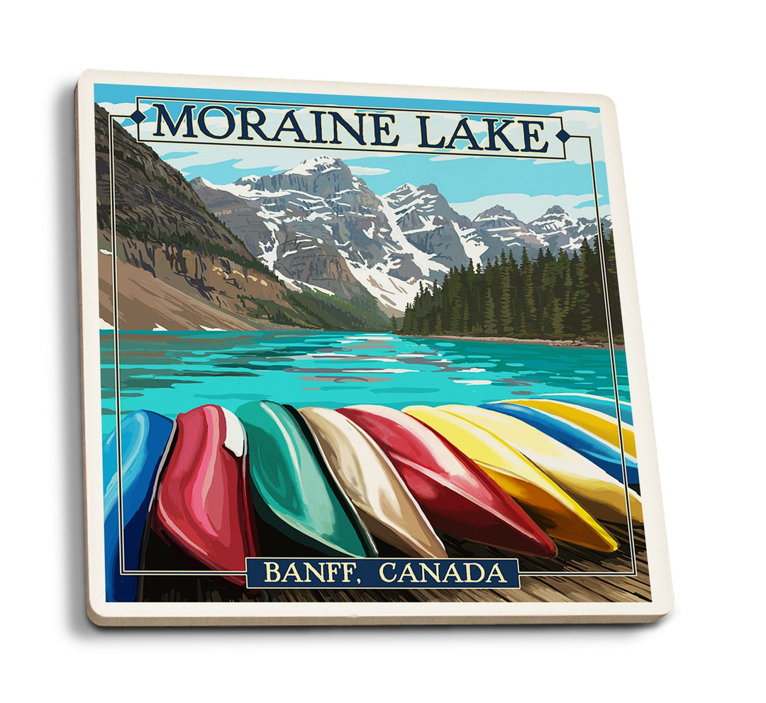 Coasters (Banff, Alberta, Canada, Moraine Lake & Canoes, Lantern Press Artwork) Lifestyle-Coaster Lantern Press 