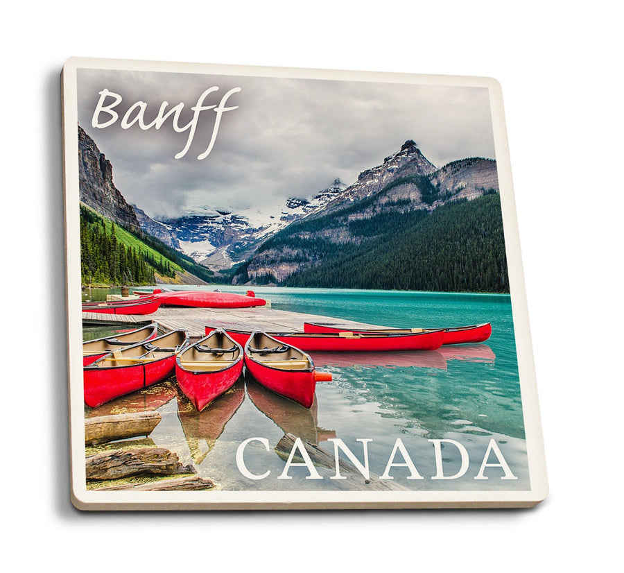 Coasters (Banff, Canada, Lake Louise Canoes, Lantern Press Photography) Lifestyle-Coaster Lantern Press 
