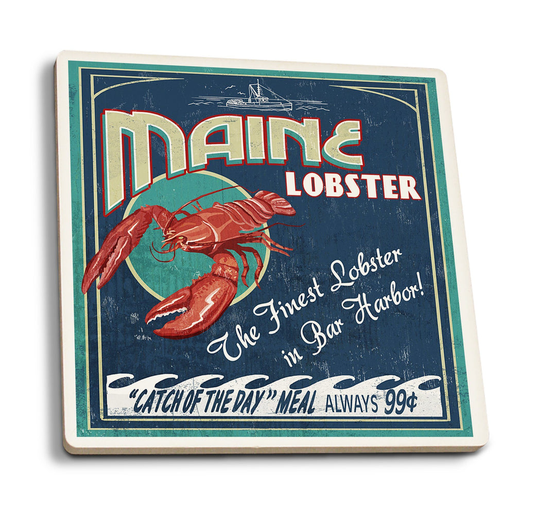Coasters (Bar Harbor, Maine, Lobster Vintage Sign, Lantern Press Artwork) Lifestyle-Coaster Lantern Press 